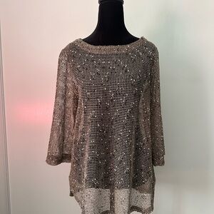 Lulu-B Bronze Sequin Mesh Top | Size S | 3/4 Sleeve Shimmer Blouse